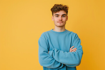 Young attractive man in sweatshirt on yellow background