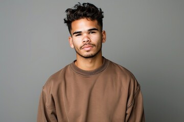Obraz premium Young attractive man in sweatshirt on grey background