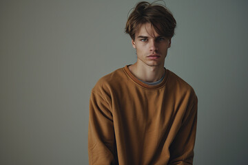 Obraz premium Young attractive man in sweatshirt on grey background