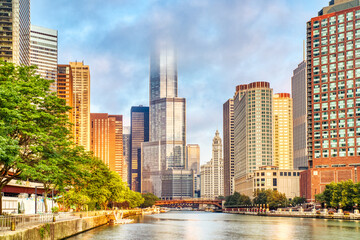 Chicago Downtown Cityscape with Chicago River at Sunrise