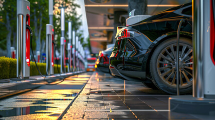 A black car is parked at a charging station