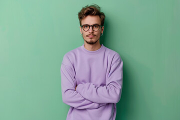 Young attractive man in sweatshirt on green background