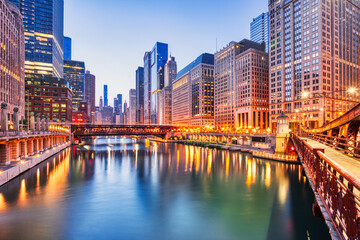 Fototapeta na wymiar Chicago Downtown Cityscape with Chicago River at Dusk