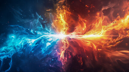A colorful space scene with a blue and red fire