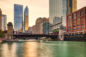 Chicago Downtown Cityscape with Chicago River at Sunset