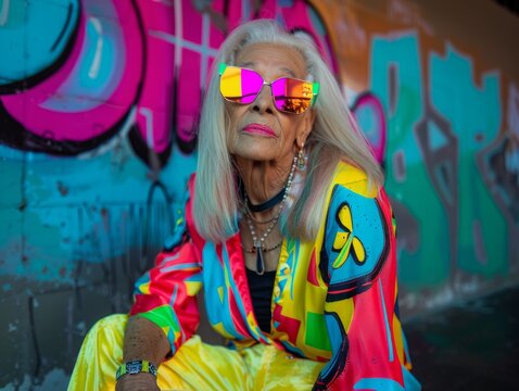 Old Latino Woman with Blond Straight Hair neon style Illustration.
