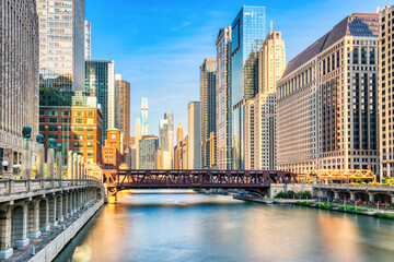Chicago Downtown Cityscape with Chicago River at Sunset