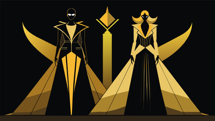 A striking contrast of black and gold the colors of power and royalty seen in sleek leather jackets and extravagant gowns adorned with intricate gold. Vector illustration
