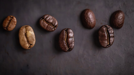 macro shot of coffee beans at different stages of roasting on a dark surface