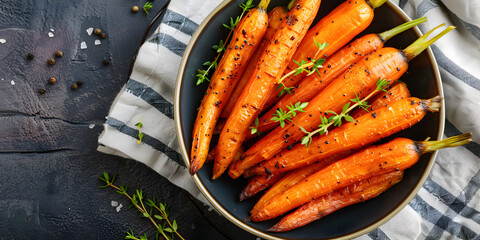 Roasted Carrots Ready to Eat. Glazed carrot with herbs on a plate with dark table background.