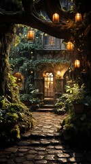 Mystical stock photo of a secret garden gate that opens to reveal a glowing, enchanted world, inviting whimsy and exploration