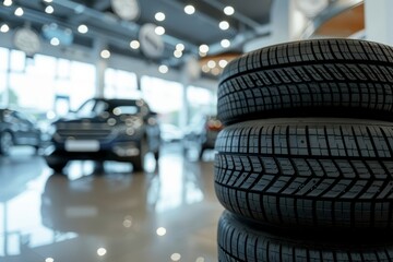 A stack of tires on the background of cars