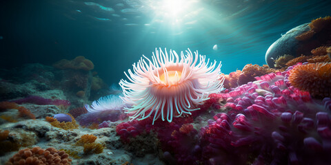 A celestial sea urchin covered in starshaped spine and looking so wonderful with sunlight and sea ocean background