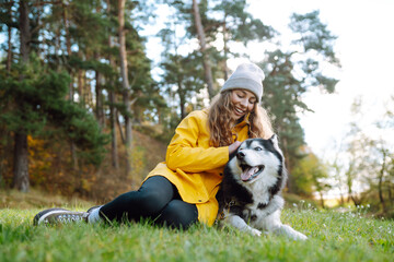 Naklejka na ściany i meble A young woman walks with her dog in the autumn forest. Husky dog. Pet owner enjoys walking her dog outdoors.