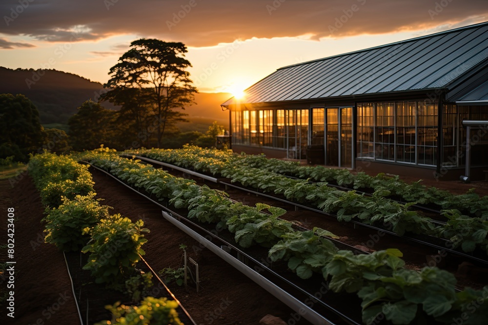 Poster Sun Setting Over Lettuce Farm. Generative AI