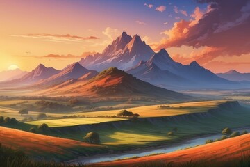 Fototapeta premium Sunset on mountains in warm golden light from deep orange to purple and blue. Colorful sky and wispy clouds sunset mountain landscape. 