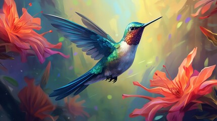 A colorful hummingbird is in flight among vibrant flowers, with its wings outstretched and bright colors shining in the light.