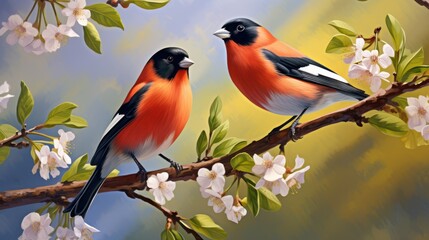 Obraz premium Two red bullfinches sit on a tree branch with white flowers and green leaves. The background is a mixture of blue and yellow.