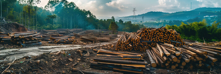 Deforestation, wood and timber with clearing in forest of nature for environment, trees cutting and ecology.