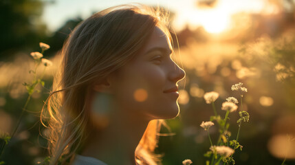 Young woman enjoys a peaceful moment in a field of wildflowers, bathed in the warm, golden light of a setting sun.
