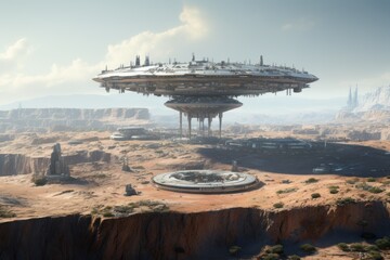 A massive round spaceship hovers above the desert, above a circular landing pad. The ship has several levels.
