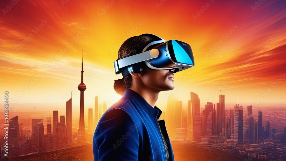 Poster Man Experiencing Virtual Reality in City Environment. Generative AI