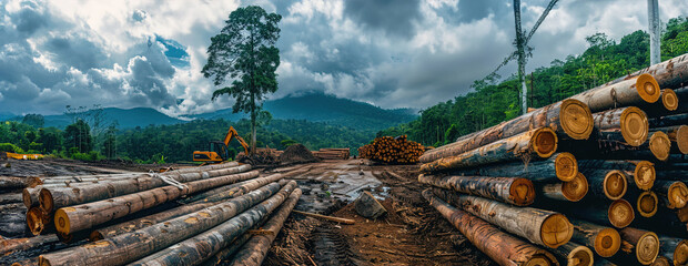 Deforestation, wood and timber with clearing in forest of nature for environment, trees cutting and...