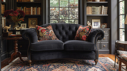 A chic black fabric wingback chair, adding a touch of drama and sophistication to a traditional or eclectic living space.