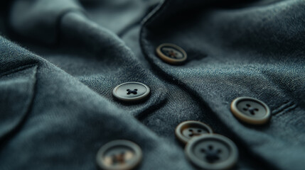 Dark denim jacket, focusing on the detailed texture and array of sturdy buttons.