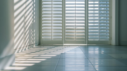 Soft sunlight streams through window shutters, casting geometric shadows on the white tiled floor of a serene room.