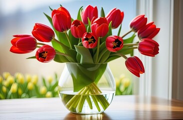 Vase of Red Tulips on Table. Generative AI