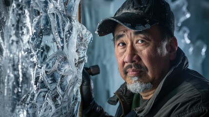 The picture of the ice sculptor holding the tool and equipment for carving the ice block or ice statue in the winter, the ice sculptor require experience in modeling the ice and precision tool. AIG43.