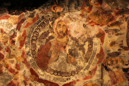 Christ Pantocrator Fresco, colorful ceiling painting, fresco, wall painting of Jesus, inside the Rock Church at Sumela, S&uuml;mela Monastery, Trabzon, Turkey