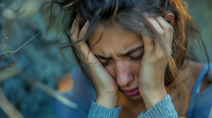 Distressed young woman outdoors, clutching her head in despair, with a blurred natural background.
