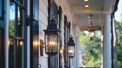 three sleek wall lights adorning the side porch, harmonizing in a chic white and black color scheme, captured in a stylish and contemporary photo.