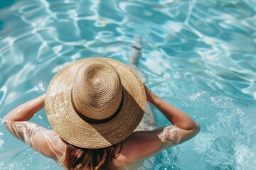 woman relaxing in the pool wearing a sun hat
