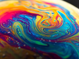Close-up of a colorful soap bubble exhibiting swirling patterns.