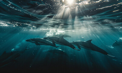 Pod of Dolphins Swimming Underwater