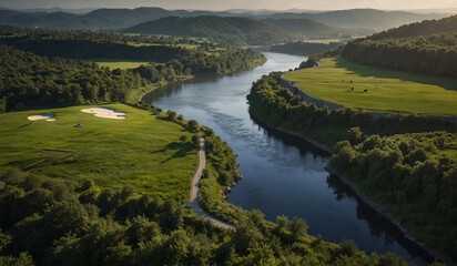Aerial view of a winding river by a golf course