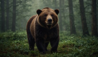 Brown bear in misty forest gazing forward