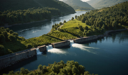 Dam releasing water into a river with solar panels nearby