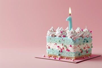 Birthday cake with one candle number 1 on pink background