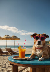 Dog with sunglasses near a cocktail on the beach