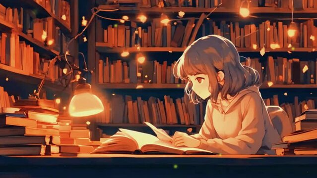 A cozy bedroom scene with a cute lo-fi girl studying at desk, books and a warm lamp, Japanese anime-style cute Lofi relaxing vibes hip-hop music Background animation