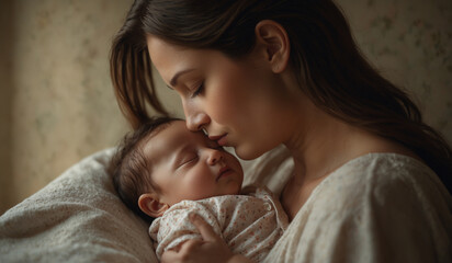 Mother tenderly holding sleeping baby in a warm embrace