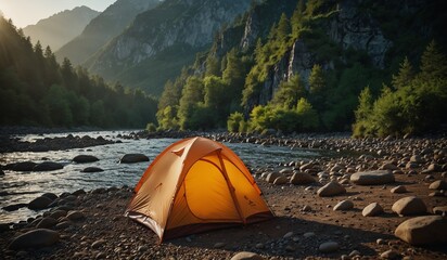 Orange tent by a river in a mountain forest at dusk