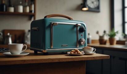 Retro toaster on a kitchen counter with coffee and waffles
