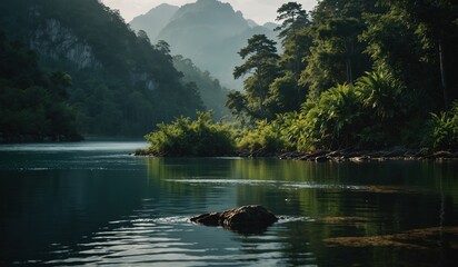 Serene river with lush forests and mountain backdrop