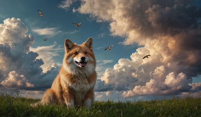 Smiling corgi with birds flying in cloudy sky