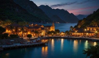 Twilight over a tranquil coastal village with lights